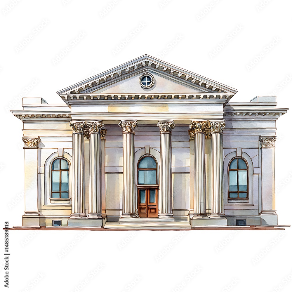 Obraz premium Classical Building Facade Illustration Elegant Architecture with Columns and Pediment.