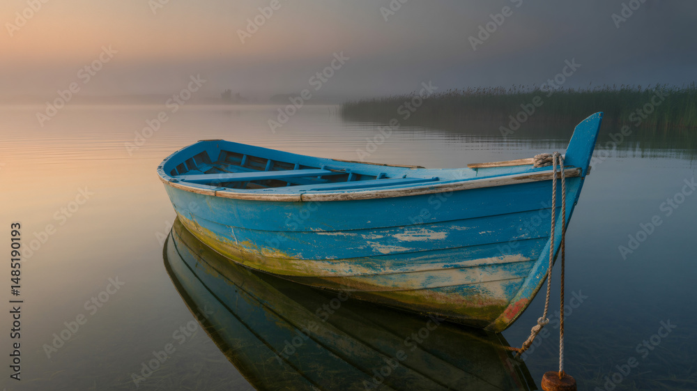 Worn blue fishing boat floating in calm waters