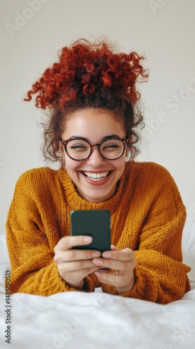 Cheerful young woman enjoying a fun dating experience while lounging in a cozy setting with a smartphone. Generative AI