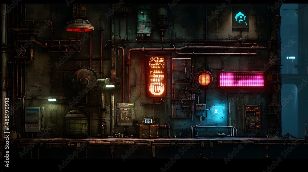 Naklejka premium Underground Cyber City with Glowing Pipes and Neon Panels 
