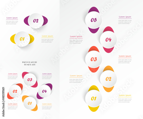 Set of creative infographic templates with 2, 4, 5 options, steps, parts or processes.