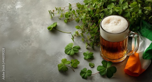 Celebrating Irish Culture With a Pint of Beer and Shamrocks on a Rustic Surface