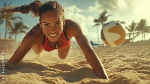 Energetic Young Woman Playing Beach Volleyball on Sandy Shore Under Bright Sunlight with Palm Trees and Clear Blue Sky in the Background photo