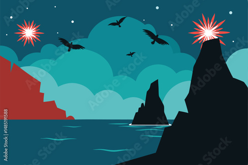 vector illustration of a pirate ship and a ship