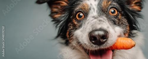 Dog Holding a Carrot With an Affectionate Gaze Against a Textured Background