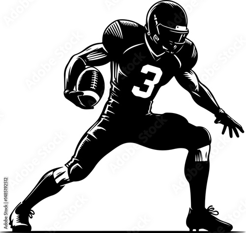 Silhouette of a determined American football player in a dynamic pose running stance, holding the ball.