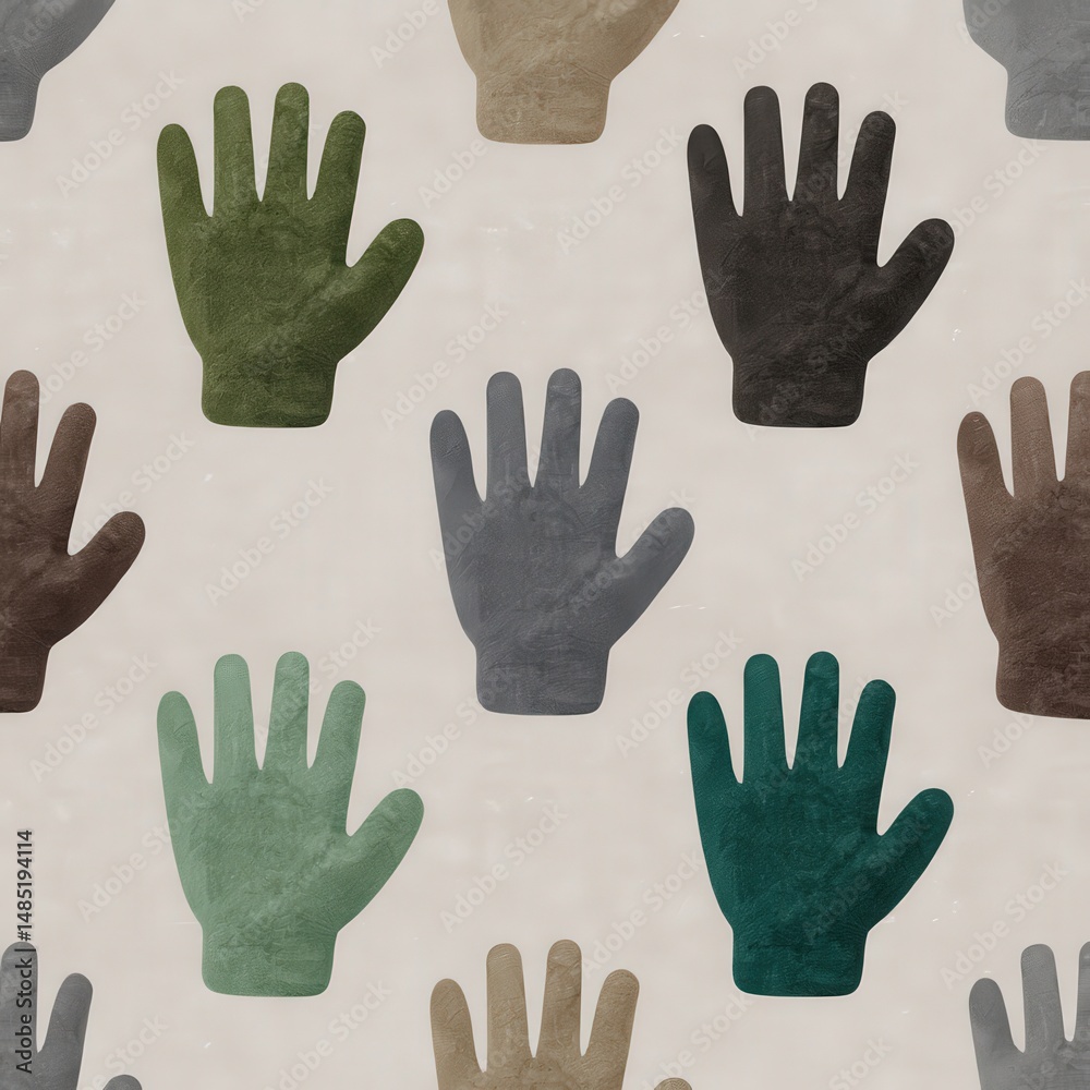 Fototapeta premium Colorful handprints displayed in a whimsical repeated pattern across a textured backdrop creating an inviting atmosphere suitable for children's art projects or craft decorations