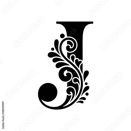 An ornate letter J is adorned with intricate floral patterns, giving it an elegant and sophisticated appearance.