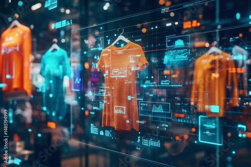 Digital interface displaying clothing and data overlays.