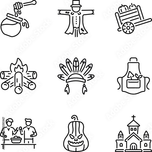Set of Thanksgiving Celebration Linear Style Icons 

