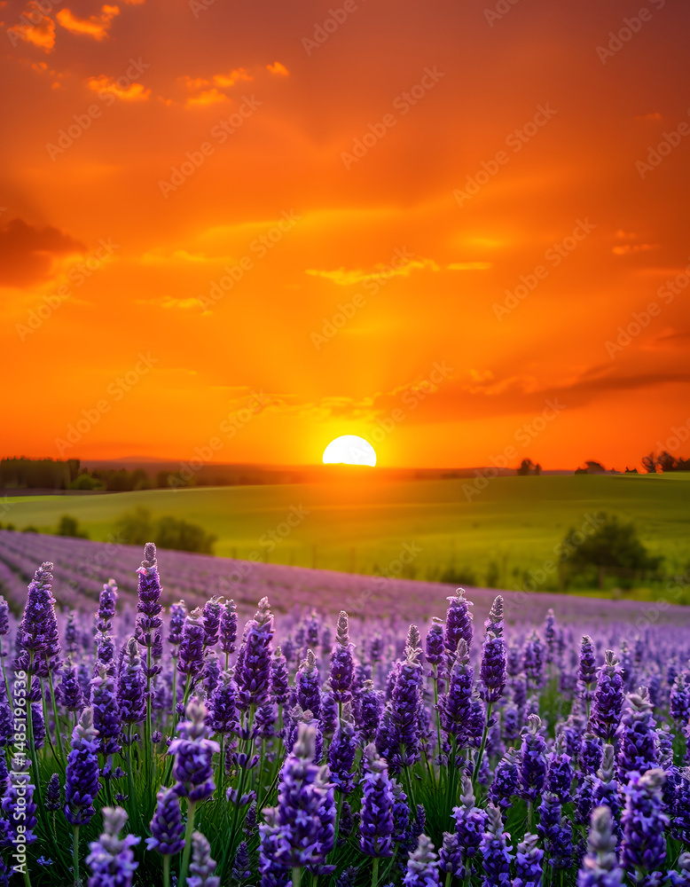 Fototapeta premium Gorgeous golden sunset glowing above a fragrant lavender meadow, digital art. with white shades