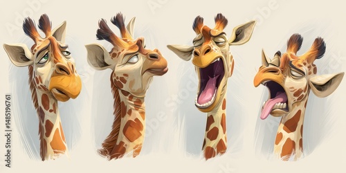 Diverse giraffe expressions in artistic portraiture.