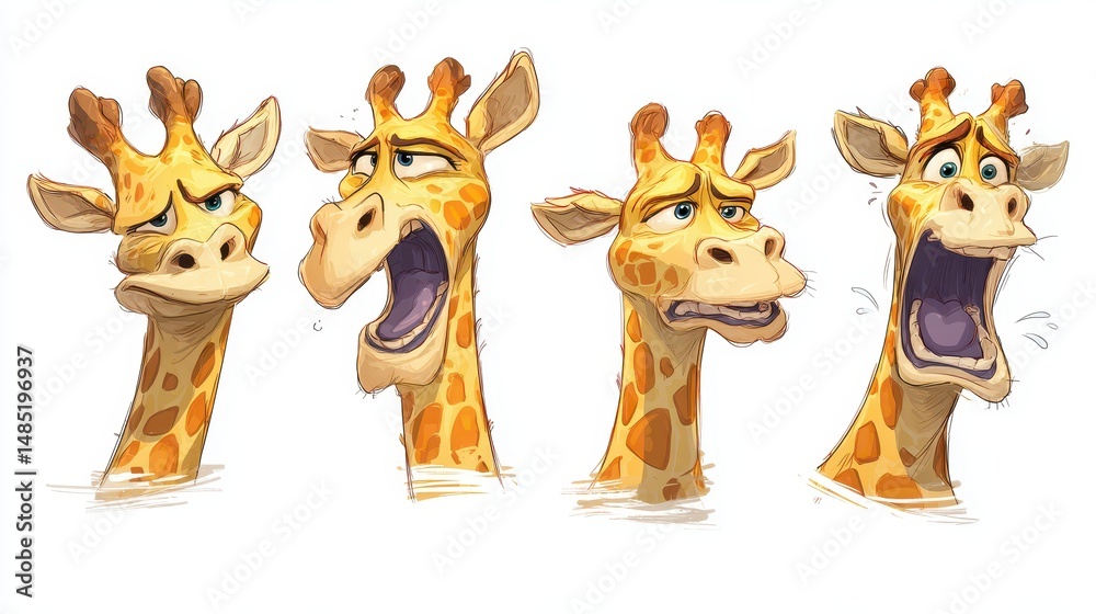 Naklejka premium Giraffe head variations exhibiting different emotions.