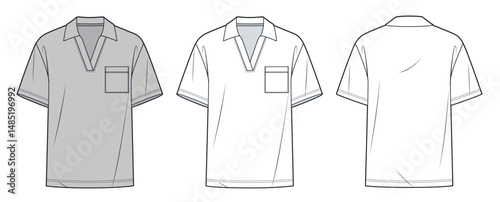 Polo Shirt technical fashion illustration. T-Shirt fashion flat technical drawing template, short sleeve, polo collar, v neck, relaxed fit, front, back view, white, grey, women, men, unisex CAD mockup