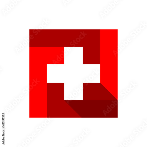 White cross medical on red square icon flat vector design