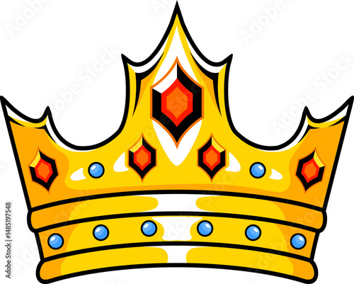 Golden Crown with Red and Blue Jewels Regal Vector Illustration