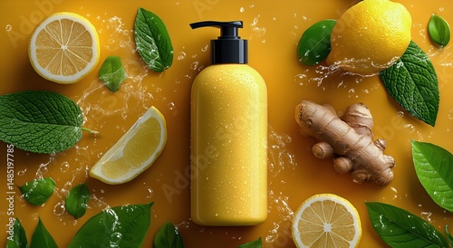 Fresh Citrus Body Lotion Surrounded by Ginger and Mint on a Vibrant Yellow Ba...