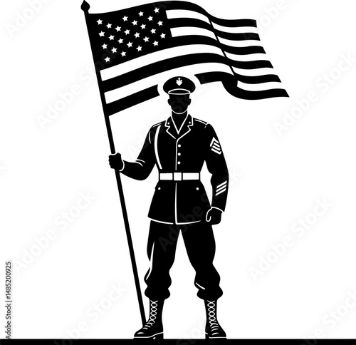 US Soldiers Saluting the American Flag, Silhouettes for Patriotic Design