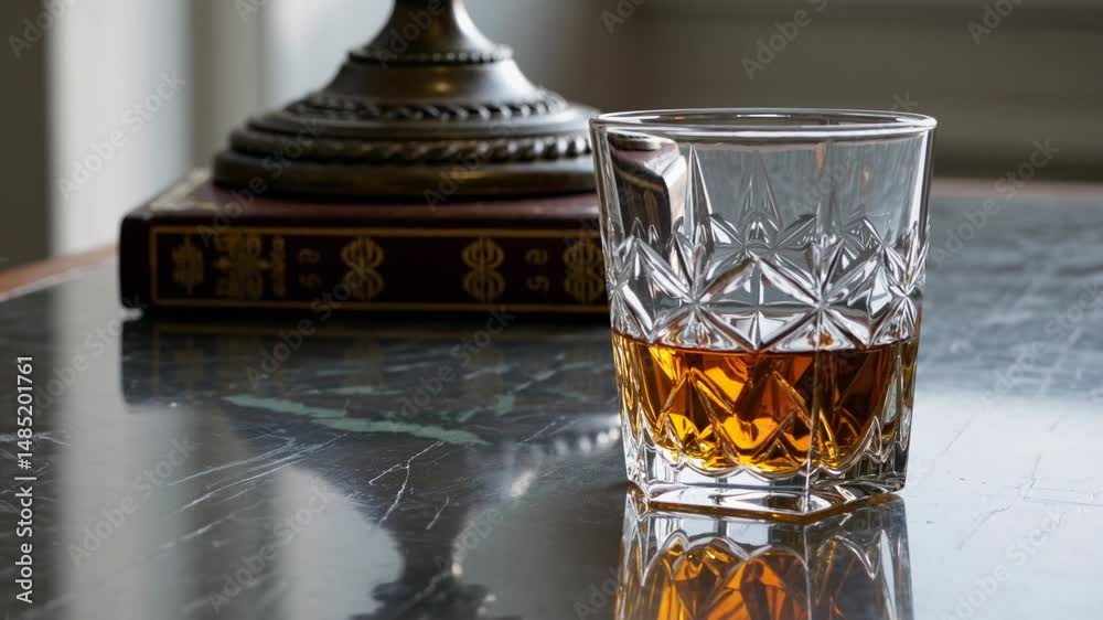 rystal glass of amber whiskey rests motionless on a polished wooden desk, beside a stack of vintage leather-bound books and an ornate brass lamp.  