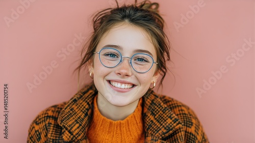 Portrait of a Young Woman Smiling Against a Pink Background in Cozy Clothing