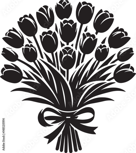 Bouquet of Tulip Flower Black Silhouette Vector, Elegant Floral Clipart & Botanical Arrangement