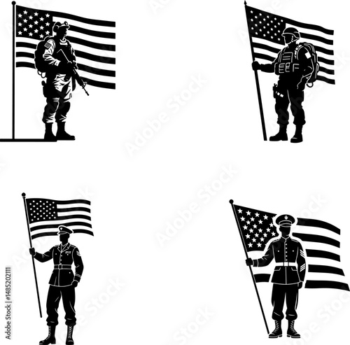 Four US Soldiers Saluting the American Flag, Silhouettes for Patriotic Design