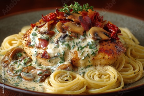 Creamy Chicken Pasta Topped With Bacon and Mushrooms in a Cozy Restaurant Set...