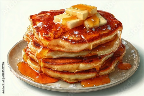 Fluffy Pancakes Stacked With Butter and Syrup Served on a White Plate