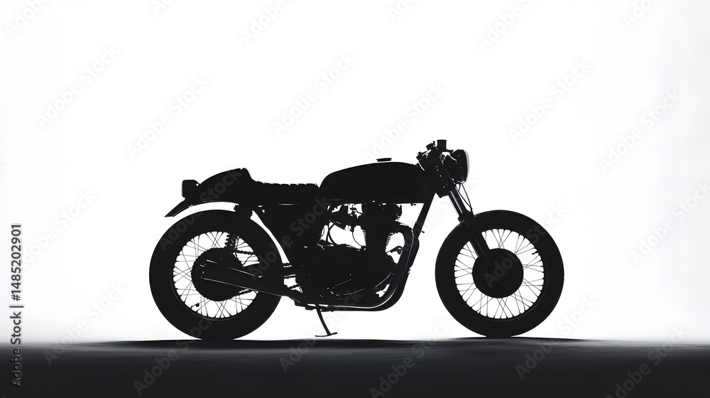 Obraz premium Silhouette of a Stylish Black Motorcycle on White Background Artistic Symbol of Freedom Classic Design and Urban Lifestyle Represents Motorcycle Culture and Rider Passion