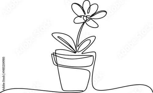 Set of continuous one line drawing of flowers in pots, minimalist black and white floral sketches, elegant botanical vector illustration

