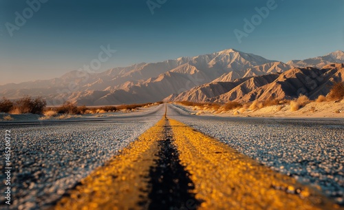 Road Stretches Toward Mountains Under Clear Blue Sky in Desert Landscape