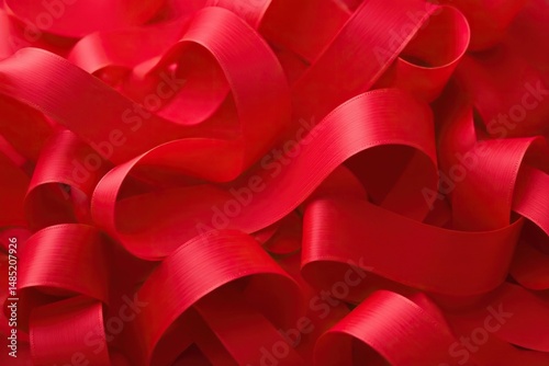 Close-up of a pile of vibrant red ribbons, some curled, others straight , textile, crimson