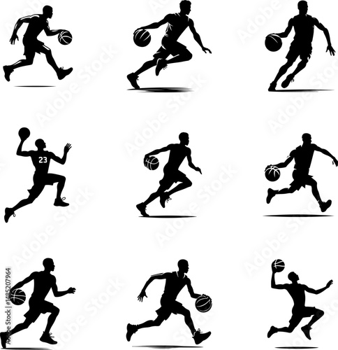 A collection of dynamic silhouettes of basketball players in various dribbling and running actions.