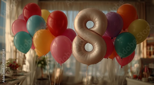 Celebrating a Special Birthday With Colorful Balloons and a Large Number Eight