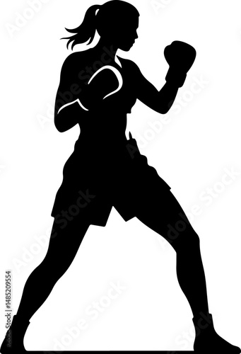 A dynamic silhouette of a female boxer in a fighting stance.