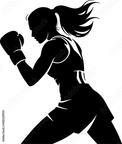 A dynamic silhouette of a female boxer in a fighting stance.