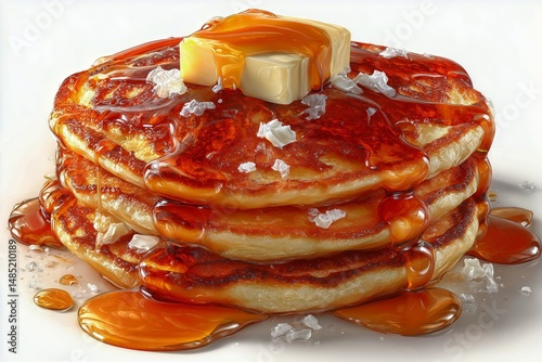 Stack of Fluffy Pancakes Drizzled With Syrup and Topped With Butter at Breakf...