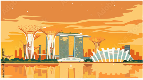 Illustration of singapore skyline featuring gardens by the bay and marina bay sands hotel at sunset time