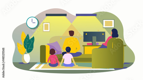 Family watching television together in living room with couch and rug under two lamps and wall clock