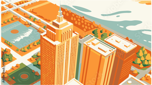 Aerial view of a city featuring tall buildings parks and a body of water in a stylized illustration