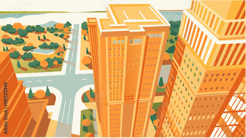 A view from above looking down on a city with tall buildings, a park, and a river in the background.