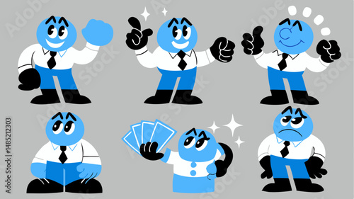 Illustration showcasing six blue cartoon characters in different poses and expressions on a gray background