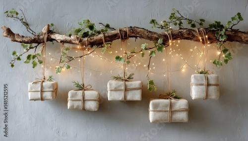 Creative Display of Wrapped Gifts and Plants Hanging on a Branch With Lights ...
