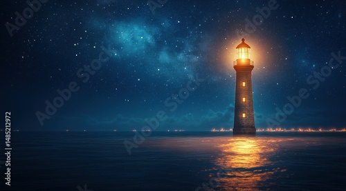 A glowing lighthouse shines in the night sky, illuminating an endless ocean of stars. 