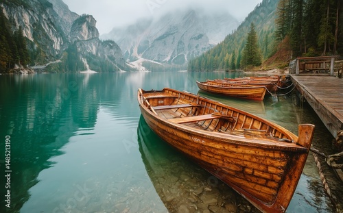Serene Wooden Boats Docked at a Misty Lake Surrounded by Mountains and Pine T...