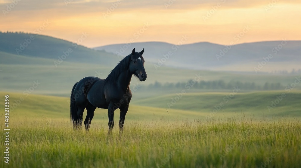 Obraz premium Majestic Black Horse Standing in Green Field with Blurred Background, Beautiful Equine Portrait. Used for calendar, poster, banner, web, Chinese Calendar 2026 Symbol 
