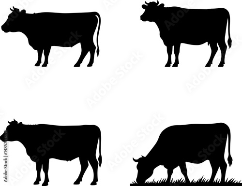 Cow Silhouettes in Various Poses: Black-and-White Farm Animal Illustrations