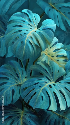 Monstera Leaves in Vivid Turquoise Tones Create a Lush Tropical Ambiance in a...