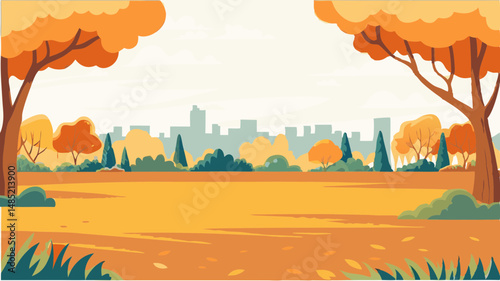 A scenic view of an autumn park with city skyline in the background and trees with orange leaves around it
