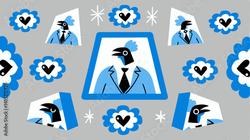 Illustration showing birds in suits framed and surrounded by flower heart motifs on a grey background